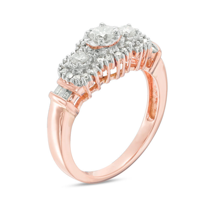 Main Image 2 of 0.57 CT. T.W. Diamond Three Stone Frame Collar Engagement Ring in 10K Rose Gold