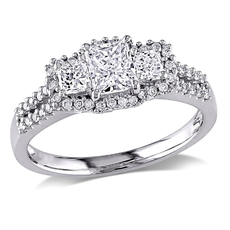 0.98 CT. T.W. Radiant-Cut Diamond Three Stone Frame Engagement Ring in 14K White Gold|Peoples Jewellers