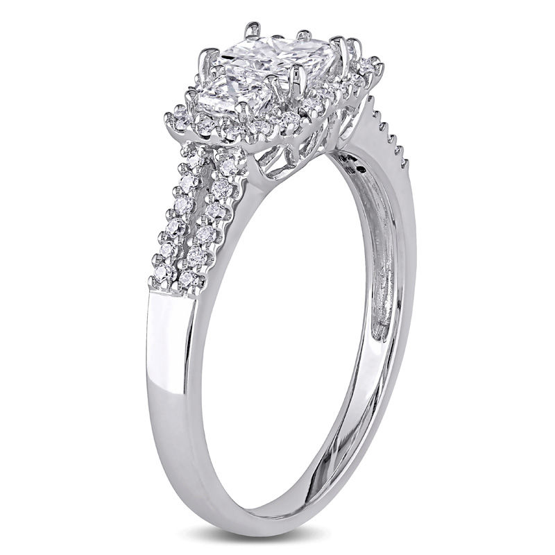 Main Image 2 of 0.98 CT. T.W. Radiant-Cut Diamond Three Stone Frame Engagement Ring in 14K White Gold
