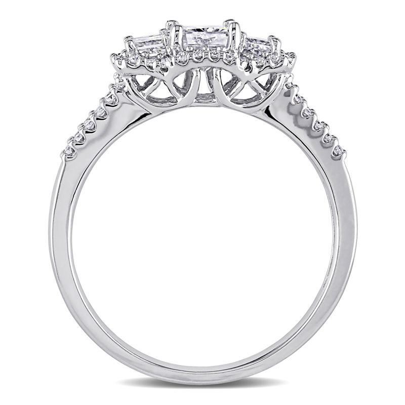 Main Image 3 of 0.98 CT. T.W. Radiant-Cut Diamond Three Stone Frame Engagement Ring in 14K White Gold