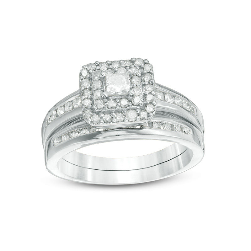 0.58 CT. T.W. Princess-Cut Diamond Double Frame Bridal Set in 10K White Gold