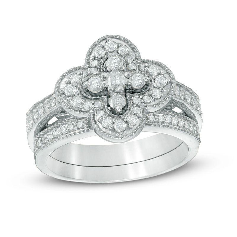 Main Image 1 of 0.58 CT. T.W. Diamond Clover Frame Vintage-Style Bridal Set in 10K White Gold