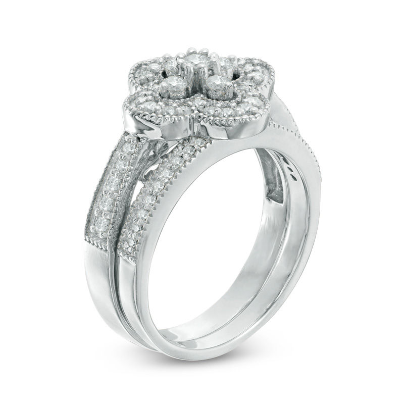 Main Image 2 of 0.58 CT. T.W. Diamond Clover Frame Vintage-Style Bridal Set in 10K White Gold