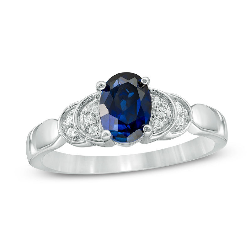 Oval Lab-Created Blue Sapphire and 0.065 CT. T.W. Diamond Layered Shank Promise Ring in 10K White Gold
