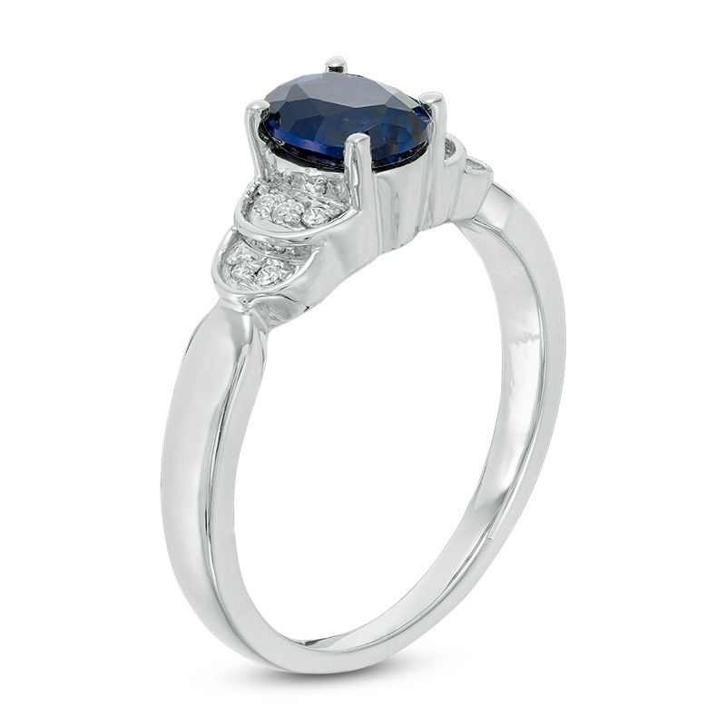 Main Image 2 of Oval Lab-Created Blue Sapphire and 0.065 CT. T.W. Diamond Layered Shank Promise Ring in 10K White Gold