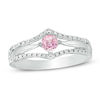 Thumbnail Image 1 of 4.0mm Lab-Created Pink Sapphire and 0.086 CT. T.W. Diamond Double Chevron Promise Ring in Sterling Silver