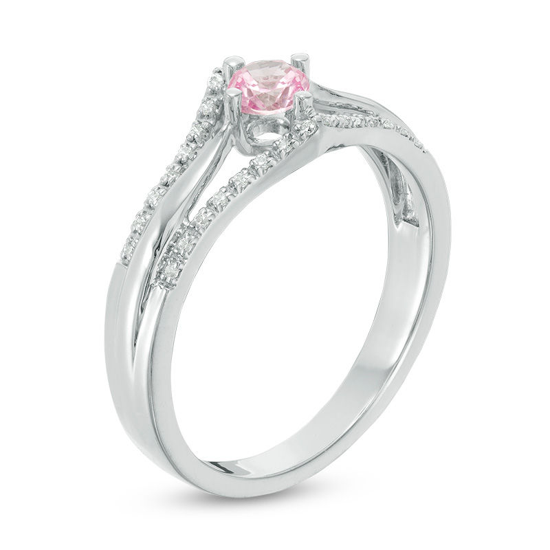 Main Image 2 of 4.0mm Lab-Created Pink Sapphire and 0.086 CT. T.W. Diamond Double Chevron Promise Ring in Sterling Silver