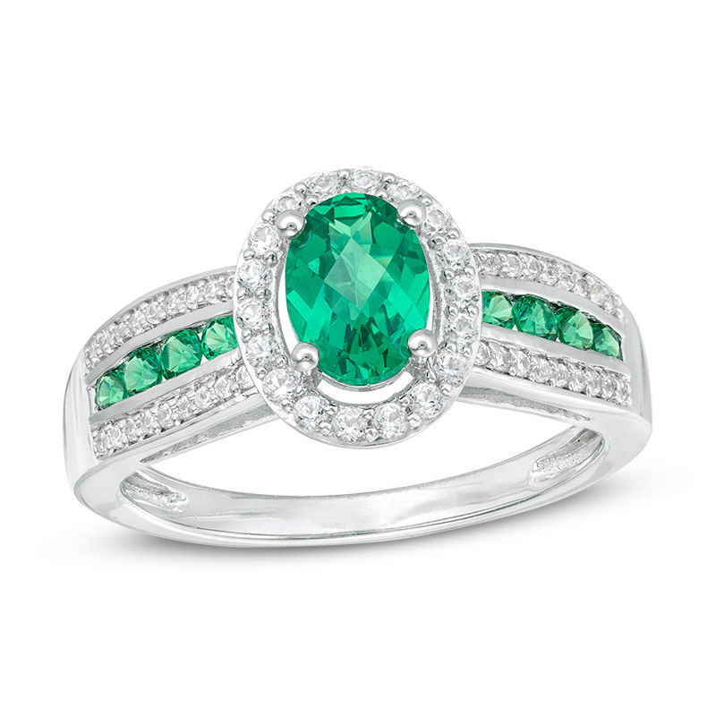 Oval Lab-Created Emerald and White Sapphire Frame Triple Row Ring in Sterling Silver