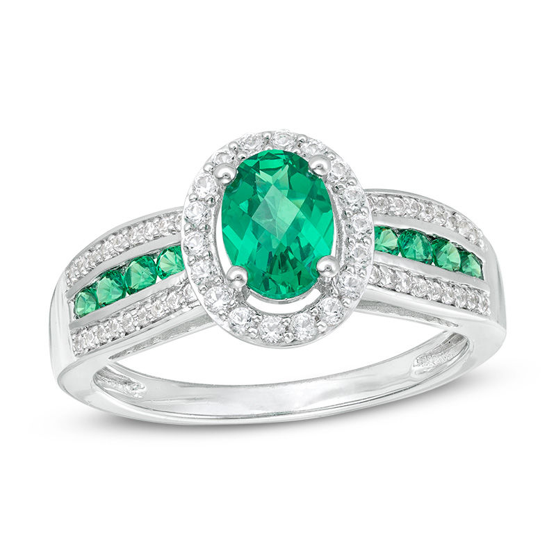 Oval Lab-Created Emerald and White Sapphire Frame Triple Row Ring in Sterling Silver|Peoples Jewellers