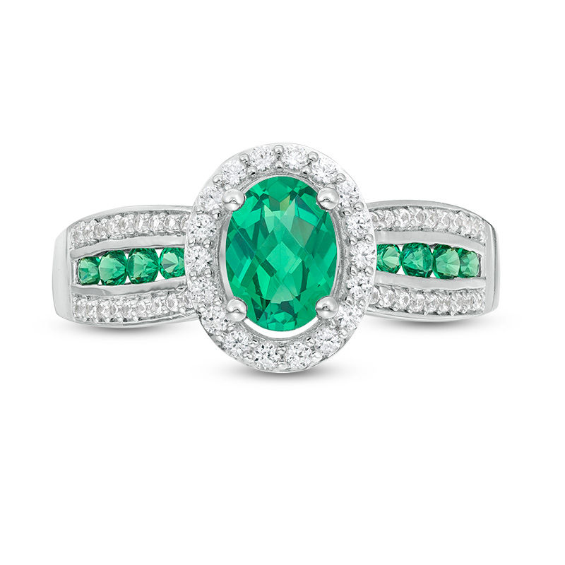 Oval Lab-Created Emerald and White Sapphire Frame Triple Row Ring in Sterling Silver