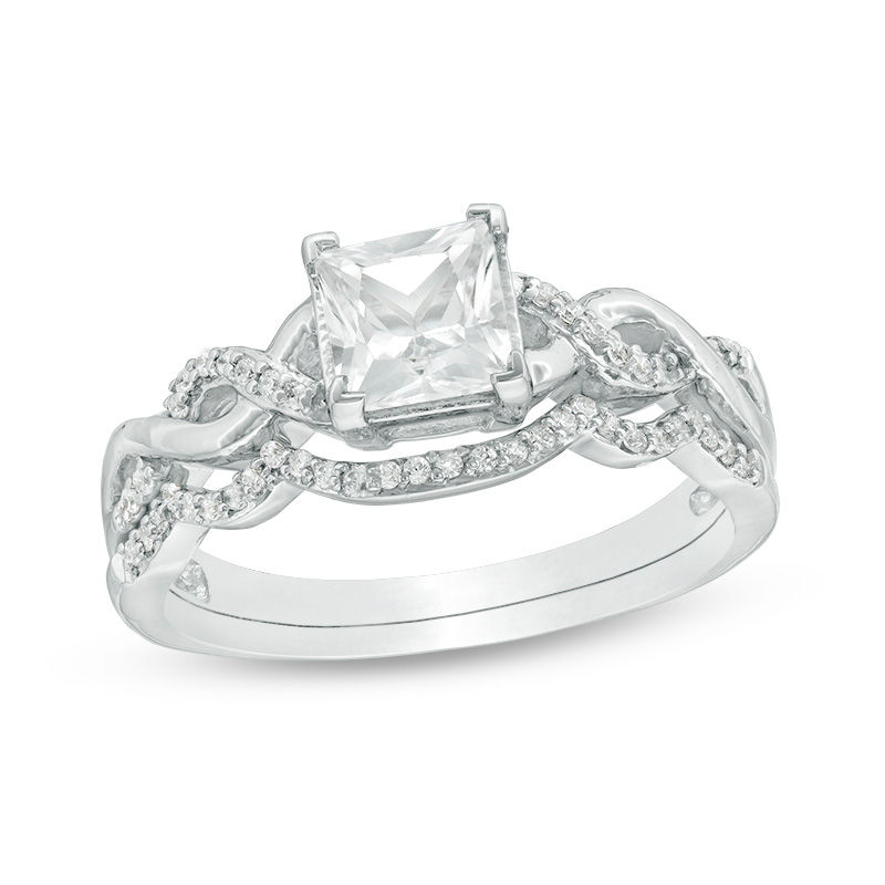 6.0mm Princess-Cut Lab-Created White Sapphire Braided Shank Bridal Set in Sterling Silver
