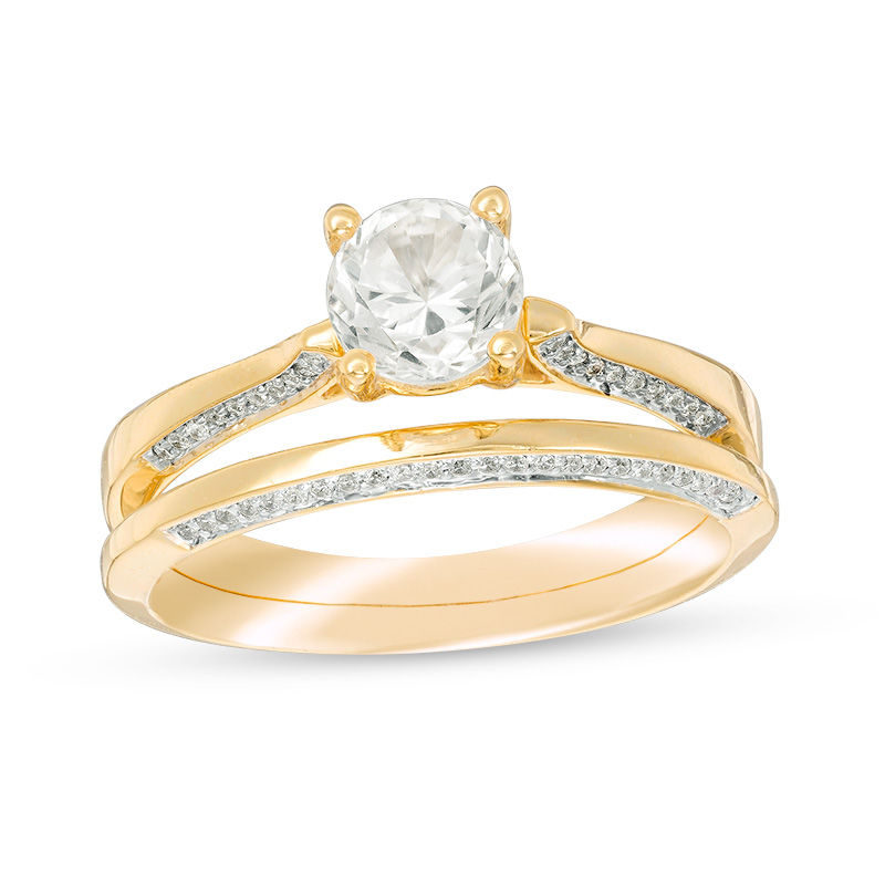 5.7mm Lab-Created White Sapphire and 0.18 CT. T.W. Diamond Bridal Set in 10K Gold