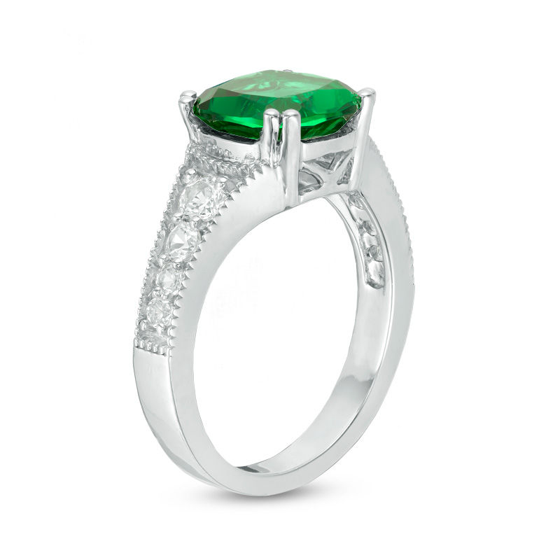 9.0mm Cushion-Cut Lab-Created Emerald and White Sapphire Vintage-Style Ring in Sterling Silver
