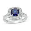 Thumbnail Image 0 of 7.0mm Cushion-Cut Lab-Created Blue Sapphire and 0.09 CT. T.W. Diamond Frame Engagement Ring in 10K White Gold