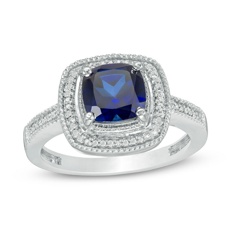 7.0mm Cushion-Cut Lab-Created Blue Sapphire and 0.09 CT. T.W. Diamond Frame Engagement Ring in 10K White Gold