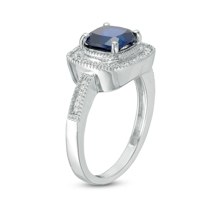 7.0mm Cushion-Cut Lab-Created Blue Sapphire and 0.09 CT. T.W. Diamond Frame Engagement Ring in 10K White Gold