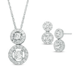 Lab-Created White Sapphire Frame Duo Pendant and Drop Earrings Set in Sterling Silver