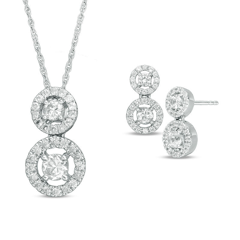 Lab-Created White Sapphire Frame Duo Pendant and Drop Earrings Set in Sterling Silver|Peoples Jewellers