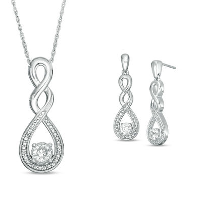 Lab-Created Sapphire and Beaded Cascading Infinity Pendant and Drop Earrings Set in Sterling Silver