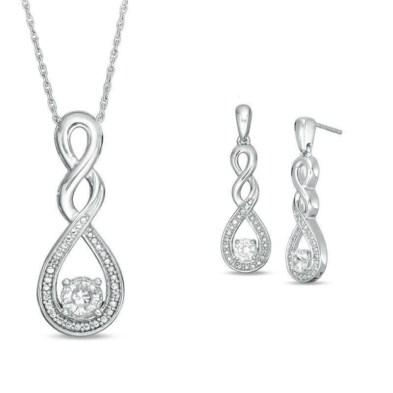 Lab-Created White Sapphire and Beaded Cascading Infinity Pendant and Drop Earrings Set in Sterling Silver