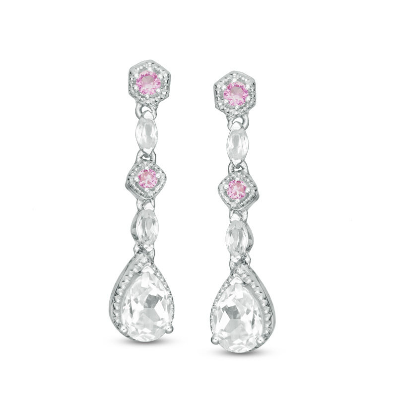 Main Image 1 of Pear-Shaped Lab-Created White and Pink Sapphire Vintage-Style Drop Earrings in Sterling Silver