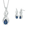 Thumbnail Image 0 of Pear-Shaped Lab-Created Blue Sapphire and Diamond Accent Flame Pendant and Drop Earrings Set in Sterling Silver