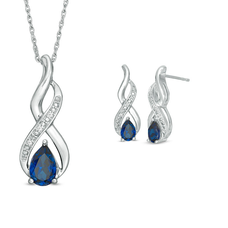 Pear-Shaped Lab-Created Blue Sapphire and Diamond Accent Flame Pendant and Drop Earrings Set in Sterling Silver|Peoples Jewellers