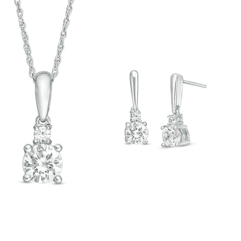 Lab-Created White Sapphire Duo Pendant and Drop Earrings Set in 10K White Gold