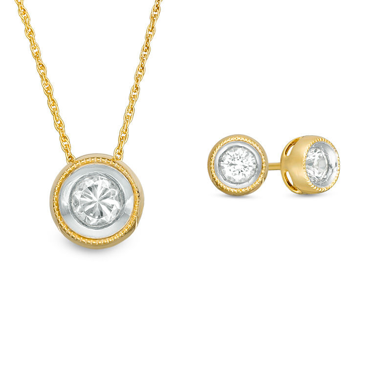 Lab-Created White Sapphire Solitaire Vintage-Style Pendant and Stud Earrings Set in Sterling Silver and 14K Gold Plate|Peoples Jewellers
