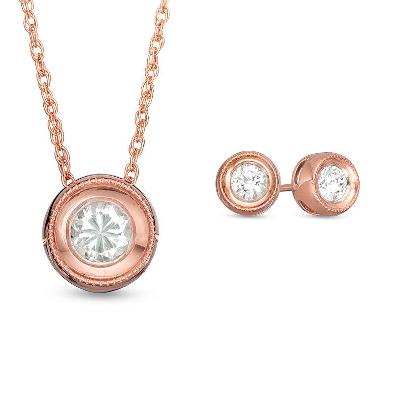 Lab-Created White Sapphire Solitaire Vintage-Style Pendant and Earrings Set in Sterling Silver with 14K Rose Gold Plate