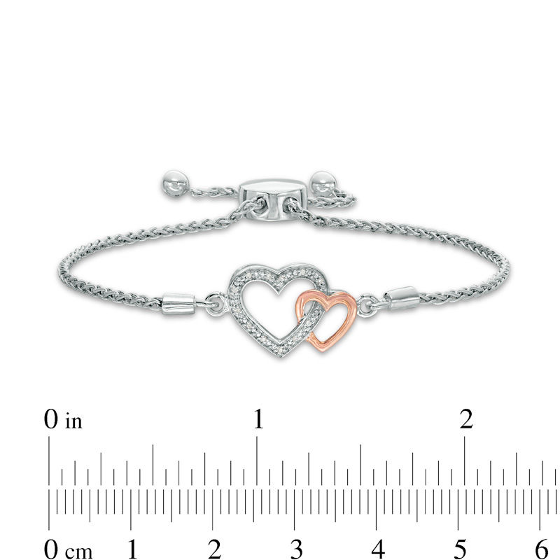 Diamond Accent Interlocking Hearts Bolo Bracelet in Sterling Silver and 10K Rose Gold - 9.5"