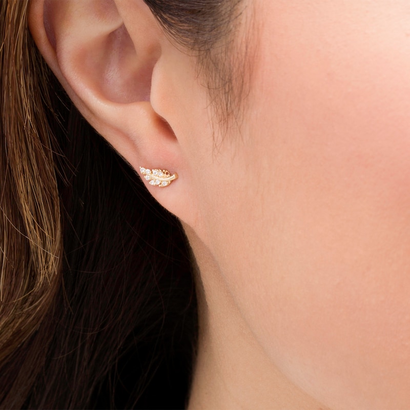 Main Image 2 of Cubic Zirconia Curved Leafy Branch Stud Earrings in 10K Gold