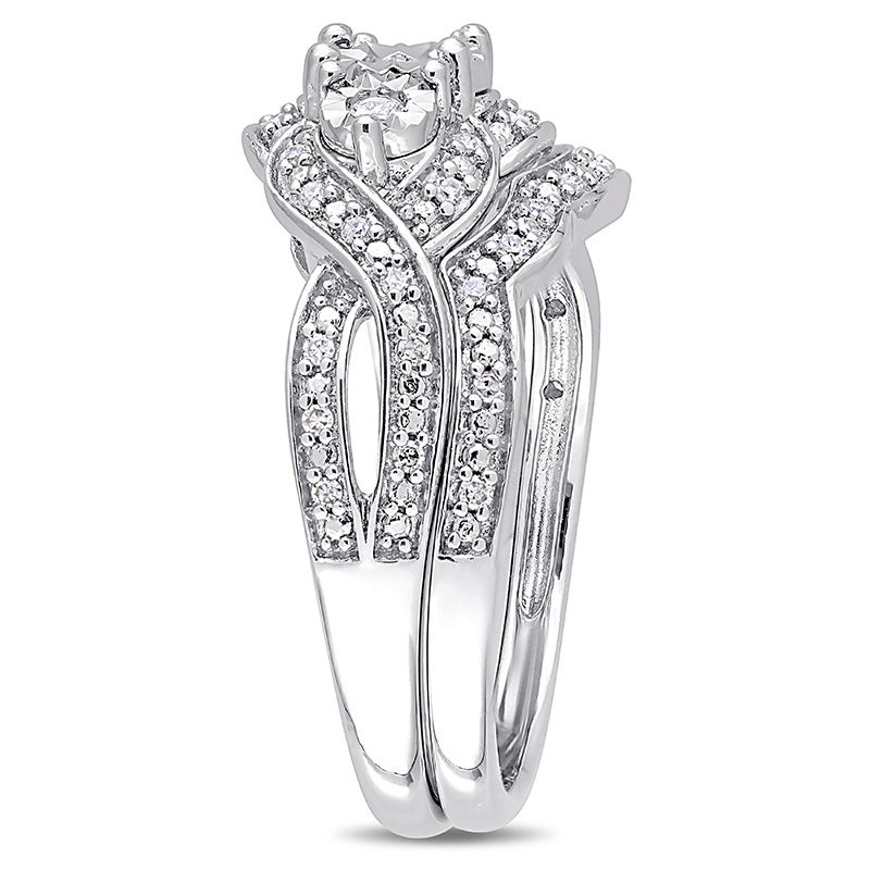 0.24 CT. T.W. Diamond Three Stone Frame Twist Bridal Set in Sterling Silver