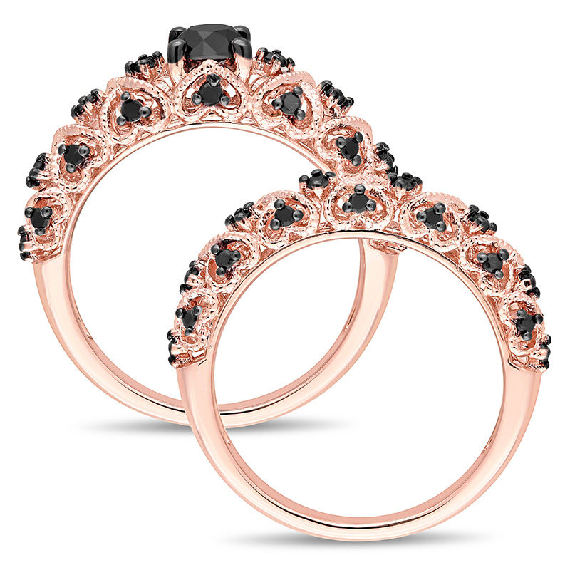 Main Image 3 of 0.98 CT. T.W. Black Diamond Zig-Zag Vintage-Style Bridal Set in Sterling Silver with Rose Rhodium