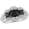 1.73 CT. T.W. Enhanced Black and White Diamond Three Stone Bypass Scallop Frame Engagement Ring in 10K White Gold