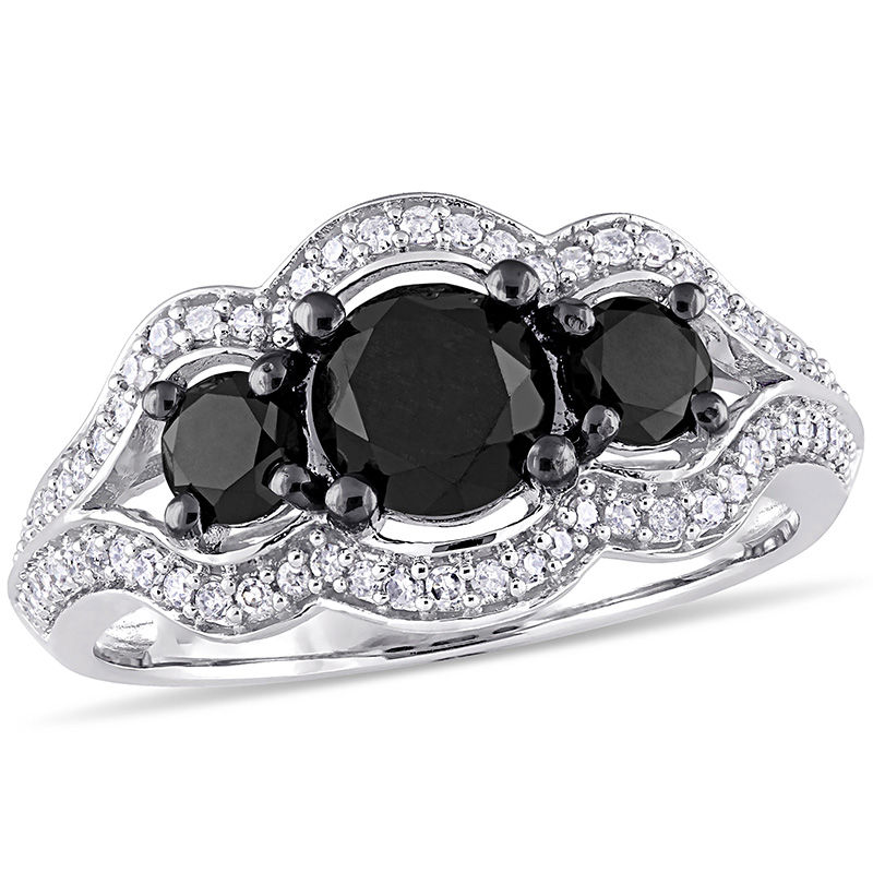 1.73 CT. T.W. Enhanced Black and White Diamond Three Stone Bypass Scallop Frame Engagement Ring in 10K White Gold|Peoples Jewellers