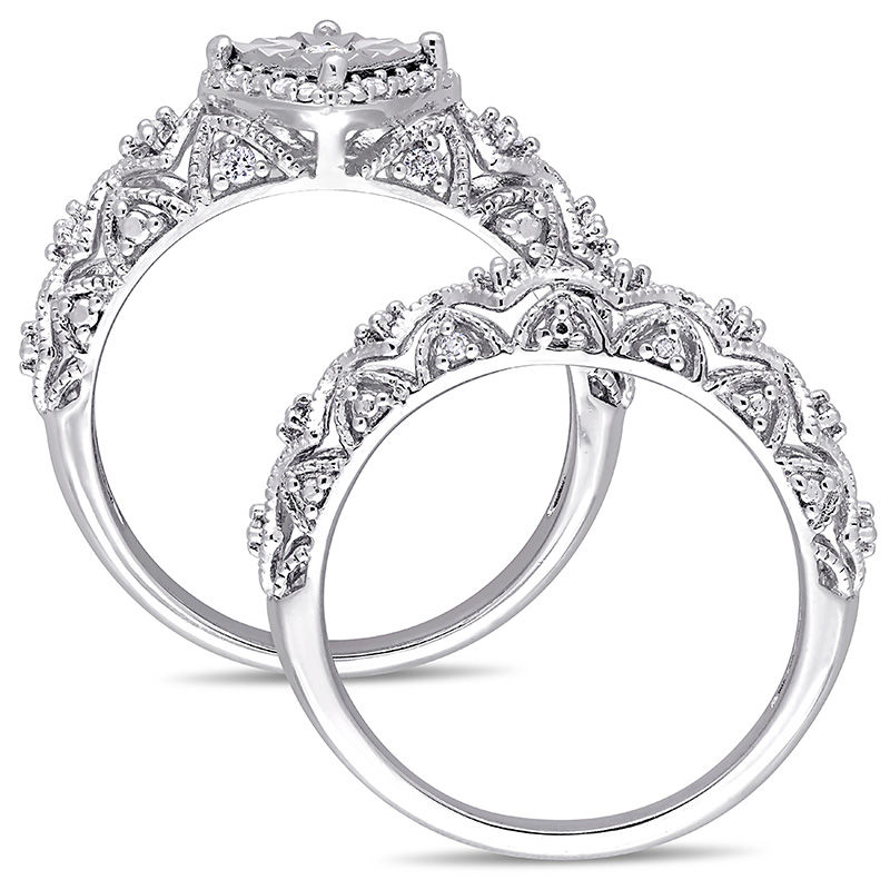 0.21 CT. T.W. Diamond Tilted Square Frame Vintage-Style Bridal Set in Sterling Silver