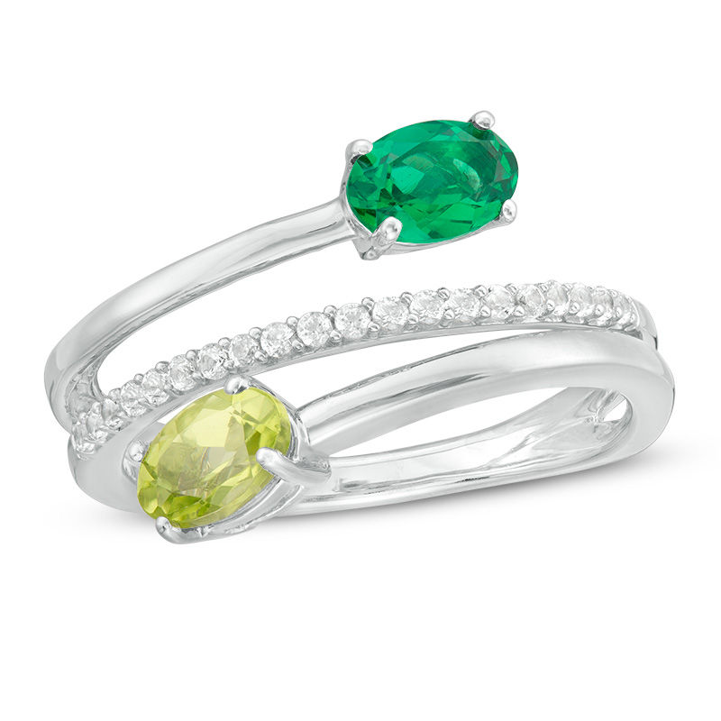 Oval Lab-Created Emerald, Peridot and White Sapphire Bypass Coil Ring in Sterling Silver