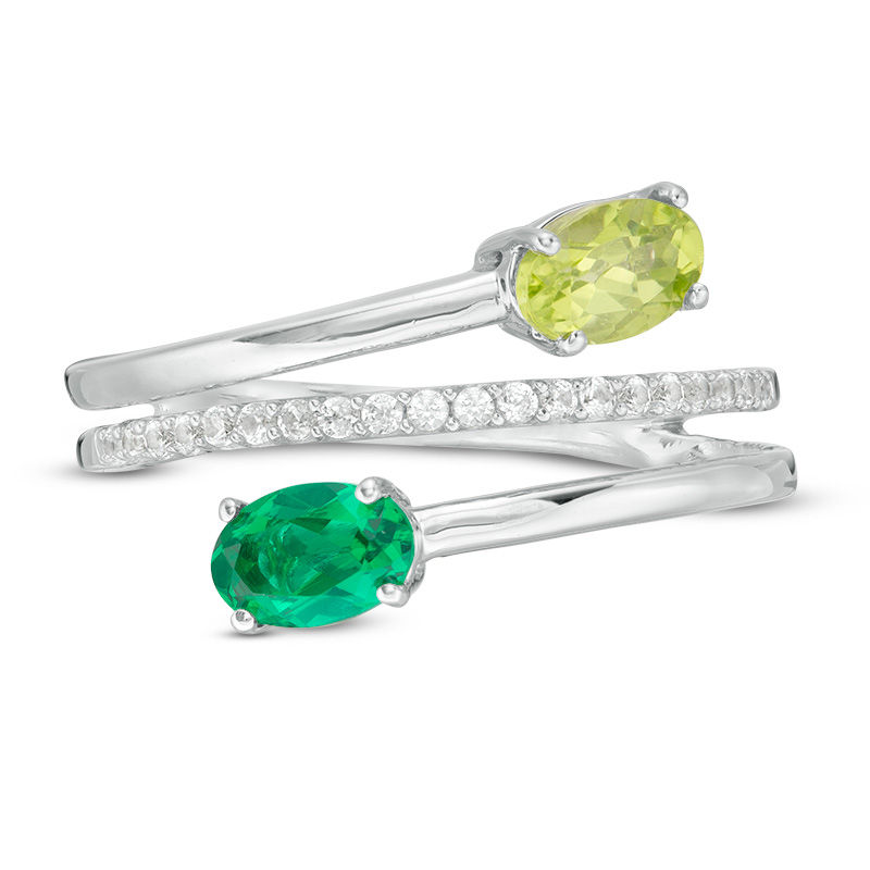 Main Image 4 of Oval Lab-Created Emerald, Peridot and White Sapphire Bypass Coil Ring in Sterling Silver