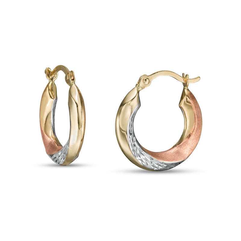 17.0mm Multi-Finish Knife Edge Twist Huggie Hoop Earrings in 14K Tri-Tone Gold|Peoples Jewellers