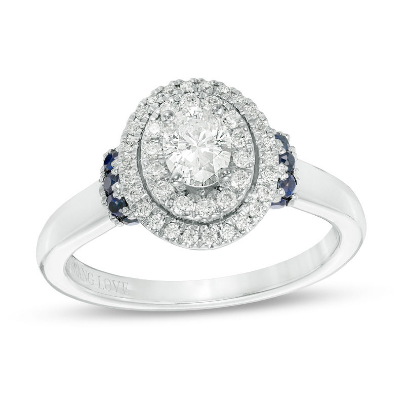 Vera Wang Love Collection 0.58 CT. T.W. Oval Diamond and Blue Sapphire Double Frame Engagement Ring in 14K White Gold