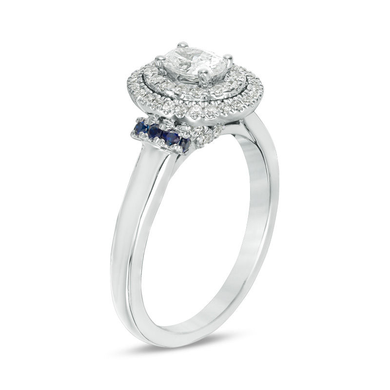 Vera Wang Love Collection 0.58 CT. T.W. Oval Diamond and Blue Sapphire Double Frame Engagement Ring in 14K White Gold