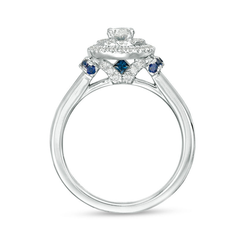 Vera Wang Love Collection 0.58 CT. T.W. Oval Diamond and Blue Sapphire Double Frame Engagement Ring in 14K White Gold