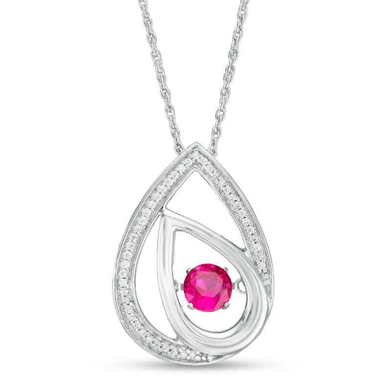 Unstoppable Love™ 4.5mm Lab-Created Ruby and 0.09 CT. T.W. Diamond Offset Teardrops Pendant in Sterling Silver