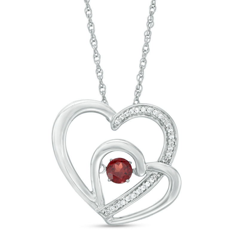 Main Image 1 of Unstoppable Love™ 4.0mm Garnet and 0.07 CT. T.W. Diamond Pair of Hearts Pendant in Sterling Silver