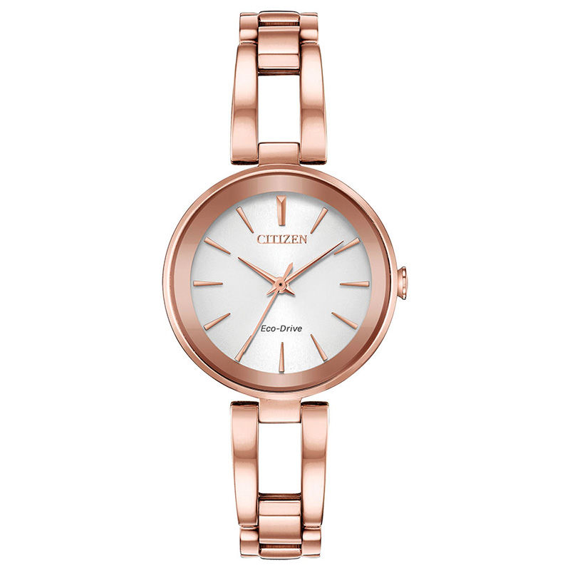 Ladies' Citizen Eco-Drive® Axiom Rose-Tone Bangle Watch with Silver-Tone Dial (Model: EM0633-53A)