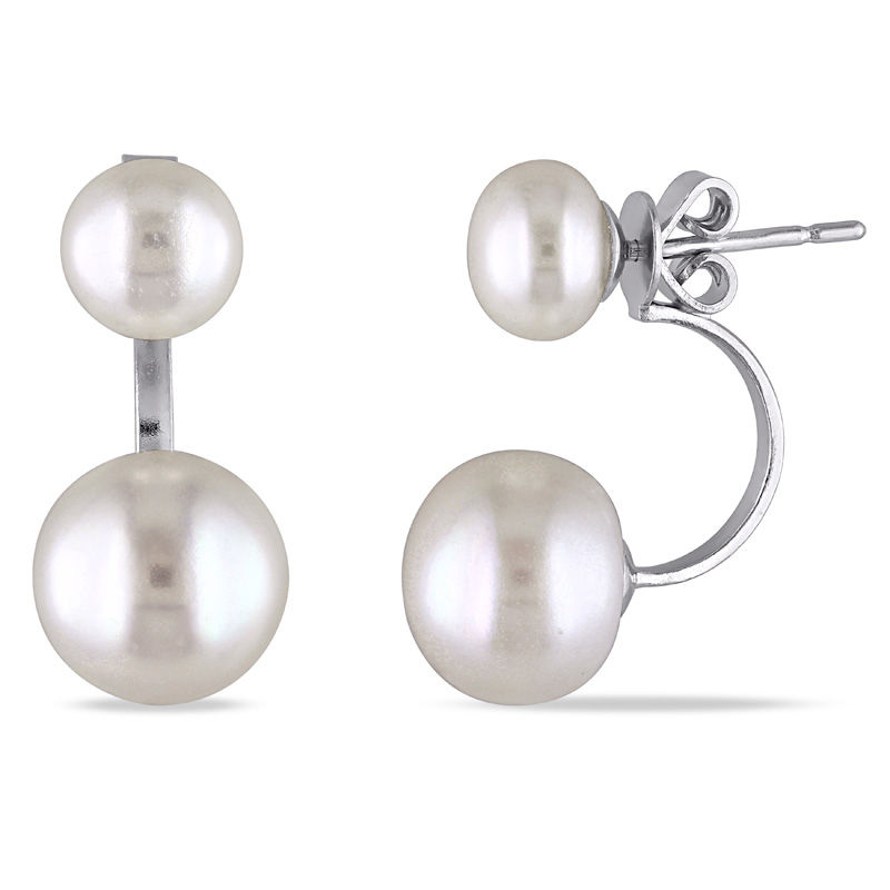 7.0 - 10.5mm Button Cultured Freshwater Pearl Front/Back Earrings in Sterling Silver