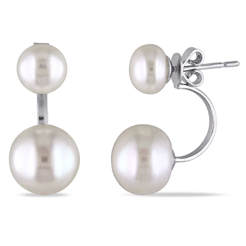 7.0 - 10.5mm Button Cultured Freshwater Pearl Front/Back Earrings in Sterling Silver|Peoples Jewellers