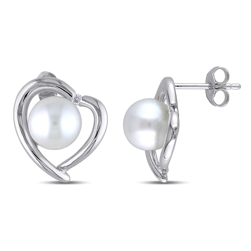 8.0 - 8.5mm Cultured Freshwater Pearl and 0.04 CT. T.W. Diamond Heart Frame Stud Earrings in Sterling Silver