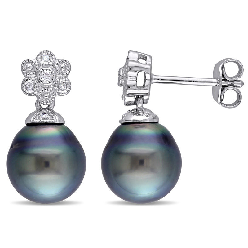 Baroque Black Cultured Tahitian Pearl and 0.04 CT. T.W. Diamond Vintage-Style Floral Drop Earrings in Sterling Silver